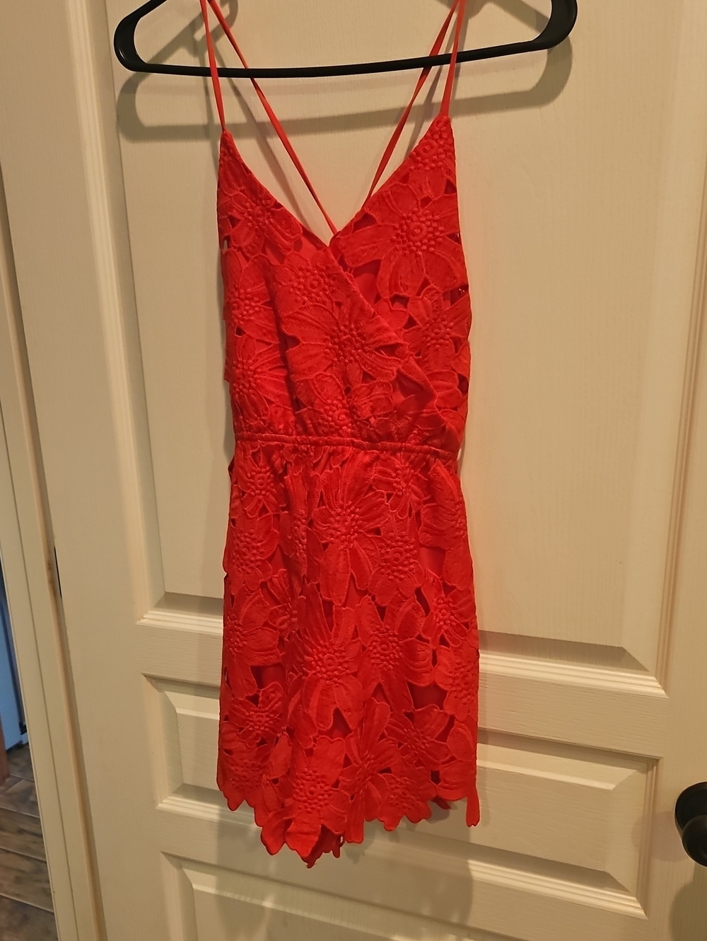 Express Red Floral Lace Mini Dress with Spaghetti Straps